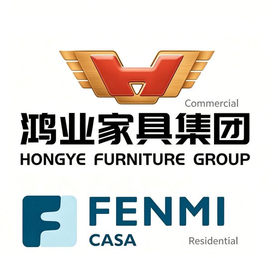 Hongye Furniture Group (коммерциялық жиһаз) және Fenmi Casa (тұрғын үй жиһазы) логотиптері