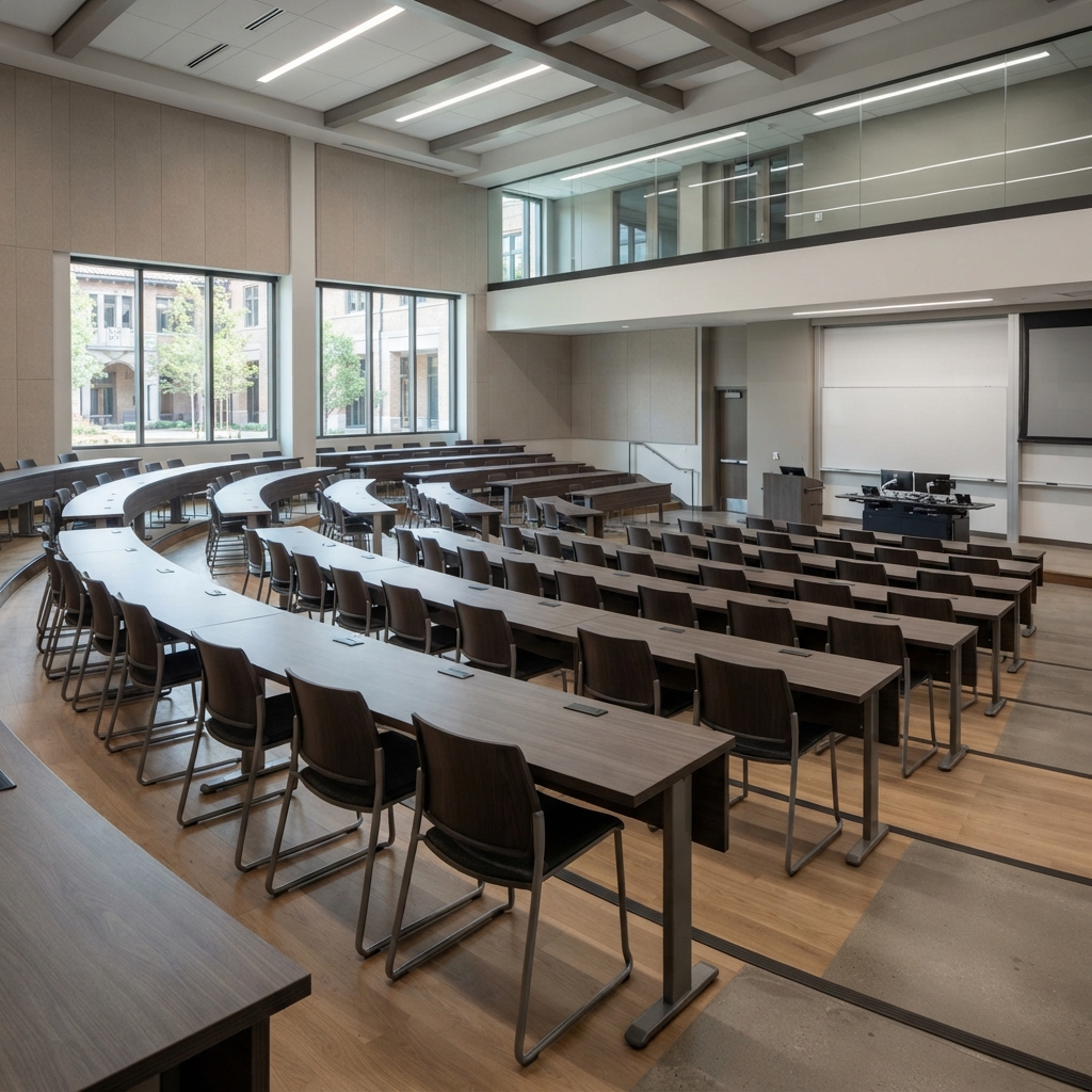 Row seating and desks in a lecture hall furnished by Hymebel