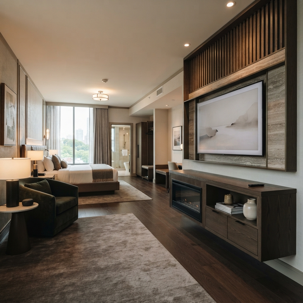 Floating TV Media Wall with Marble Console — shown in context