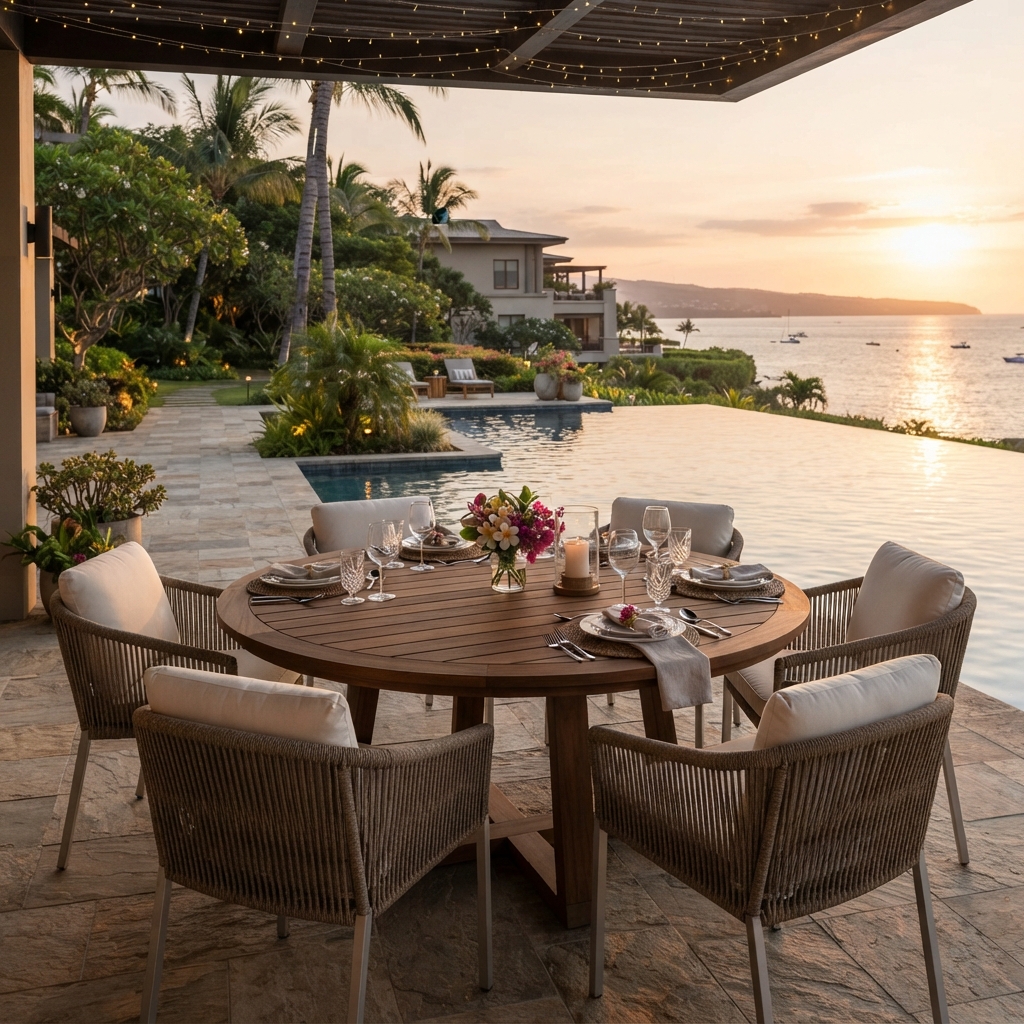 Round Teak Outdoor Dining Set (6-8 Seats) — with dimensions