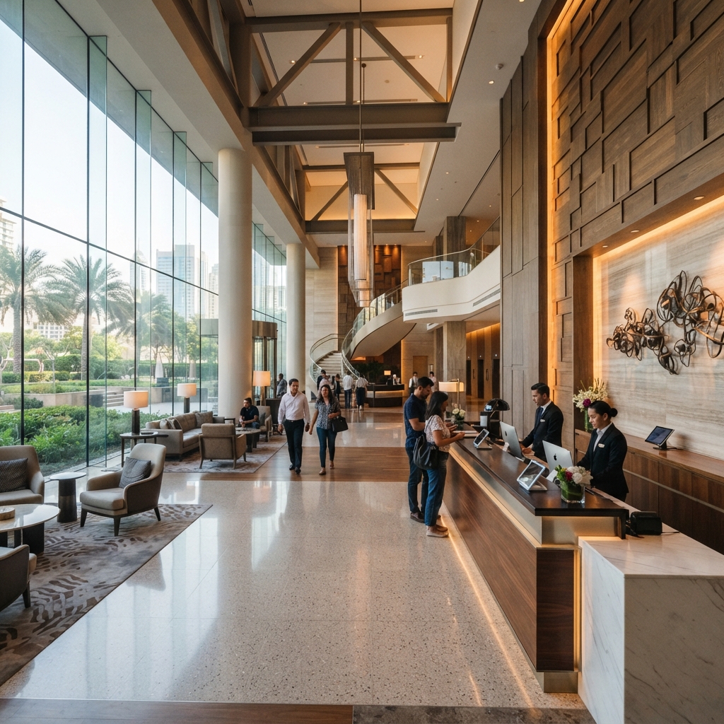 Hotel Reception Desk 3600 mm (Sintered Stone Top) — shown in context