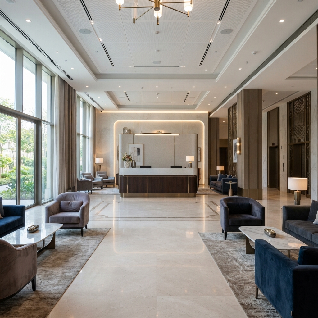 Hotel Reception Desk 3600 mm (Sintered Stone Top) — with dimensions