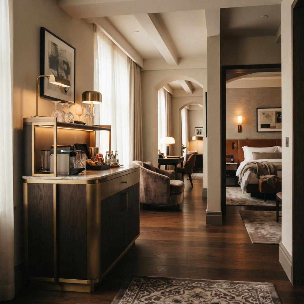 Hotel Mini-bar Cabinet (Walnut & Marble, Fridge) — shown in context