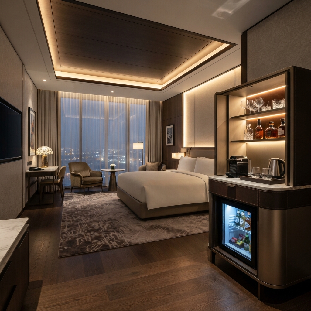 Hotel Mini-bar Cabinet (Walnut & Marble, Fridge) — with dimensions