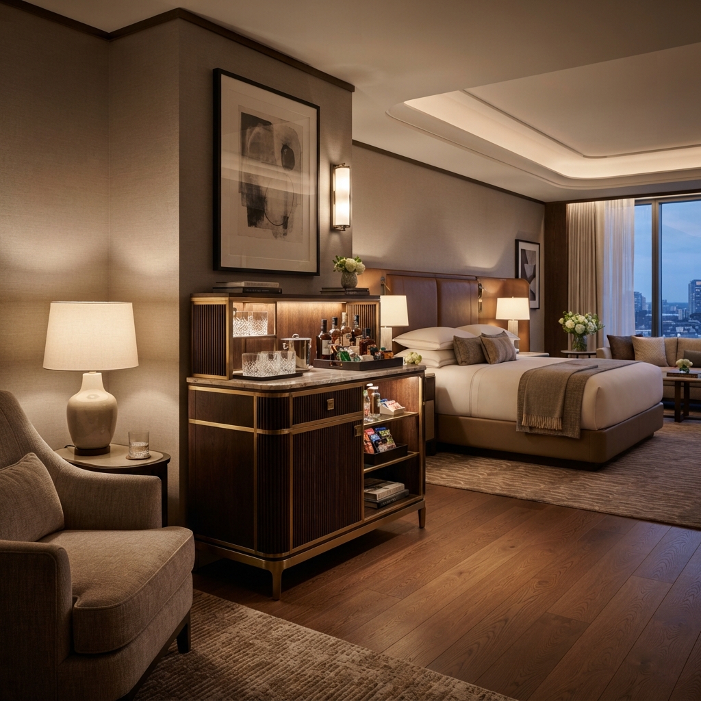 Hotel Mini-bar Cabinet (Walnut & Marble, Fridge) — Hymebel Hotel Furniture