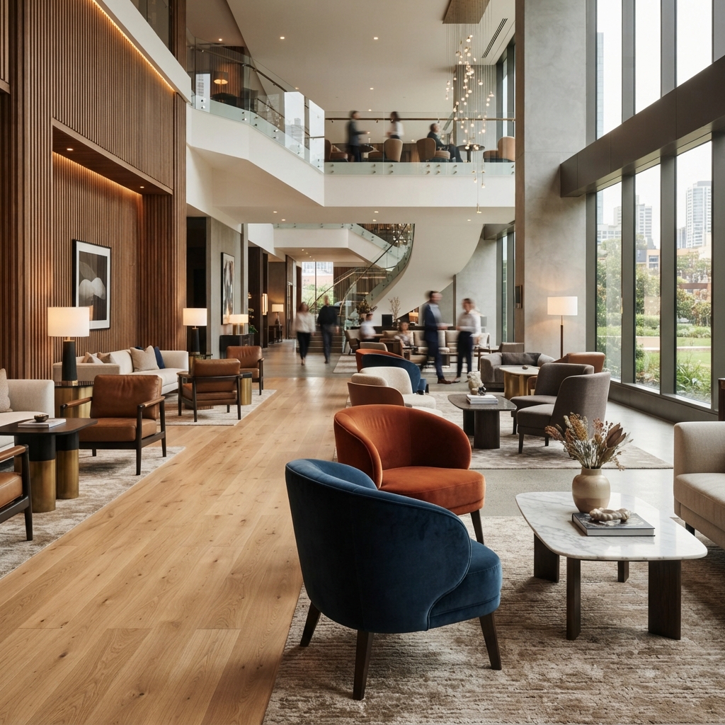 Curved Velvet & Leather Lounge Chair for Hotel Lobbies — shown in context