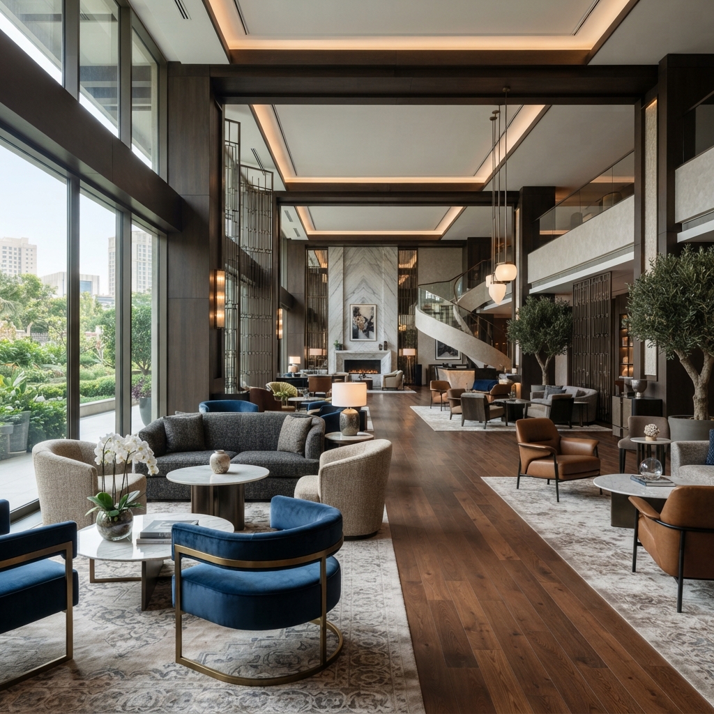 Curved Velvet & Leather Lounge Chair for Hotel Lobbies — with dimensions