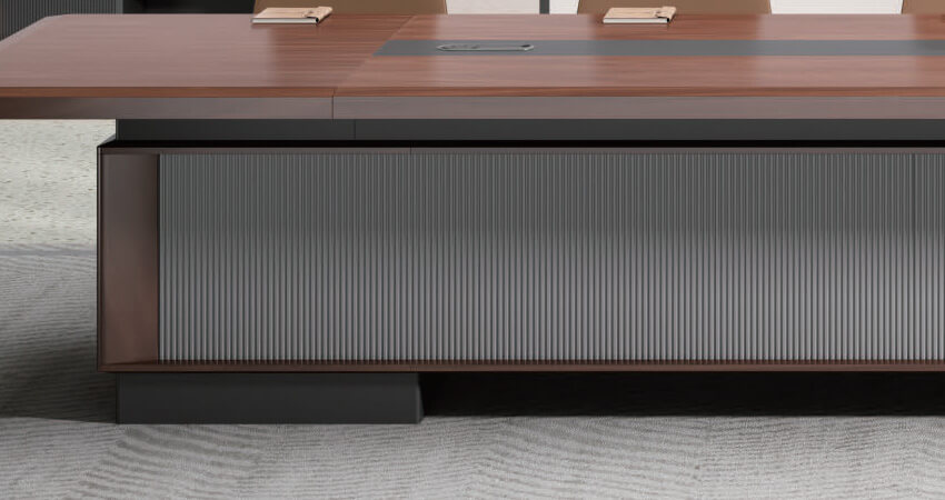 Large wood-finish conference table by Hymebel in a professional office interior